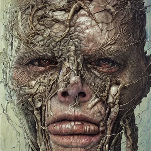 Image similar to Broken god, hyper-realistic oil painting, Body horror, biopunk, by Peter Gric, Marco Mazzoni