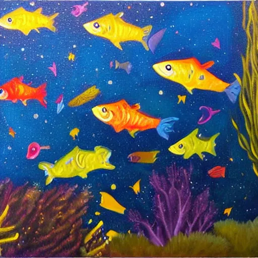 Image similar to a painting of a trout swimming in outer space, naushadarts