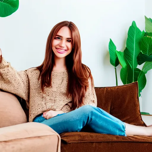 Image similar to a cute young woman smiling, long shiny bronze brown hair, full round face, green eyes, medium skin tone, light cute freckles, smiling softly, wearing casual clothing, relaxing on a modern couch, interior lighting, cozy living room background, medium shot, mid-shot, soft focus