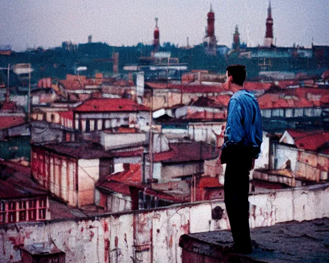 Image similar to lomo photo of man standing on the roof of soviet hrushevka, small town, cinestill, bokeh, out of focus