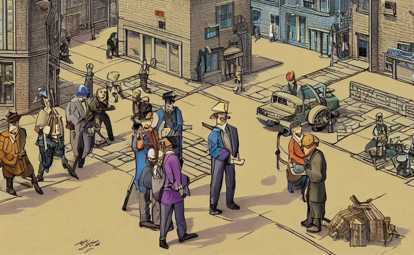 Prompt: townsmen meet a detective to present a new case outside his office building, moebius, print, game art