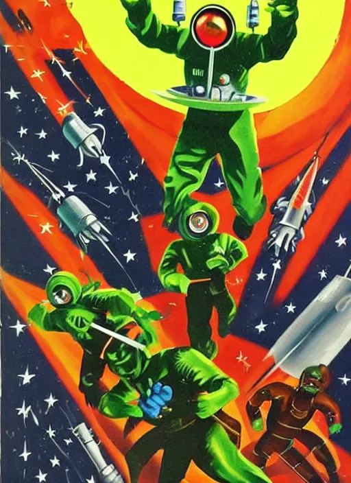 Prompt: 5 0 s sci - fi painting of donald trump fighting evil green martians with a ray - gun, rockets and planets on the background