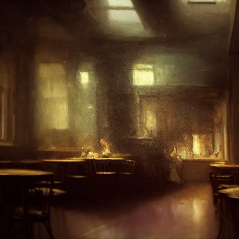 Image similar to interior of pizzeria by jeremy mann, soft grainy bloom lucid dream - like atmosphere, harsh flash photo, baroque portrait painting, perfect composition, detailed octane render trending on artstation, 8 k artistic photography, volumetric cinematic perfect light, chiaroscuro, masterpiece, raphael, caravaggio, beksinski, rutkowski, beeple