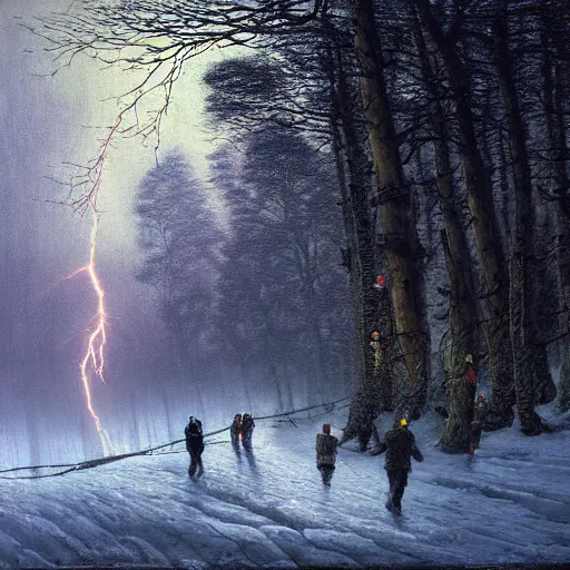 Prompt: a beautiful painting of group of climbers, extreme cold, storm, octane rendering, grim, dark, volumetric lightning, hyperrealism, no blur, 4 k resolution, ultra detailed, style of john atkinson grimshaw, ivan shishkin, tyler edlin, scott listfield, eric zener