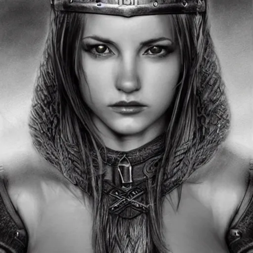 Image similar to hyper realistic pencil drawing of tifa lockheart as an viking warrior princess cloak, fantasy, dark, stunning, detail, sharp