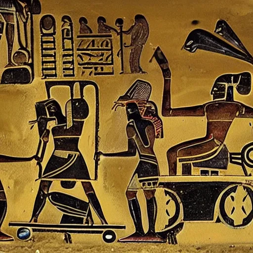 Prompt: an ancient hieroglyphic depiction of a go kart race