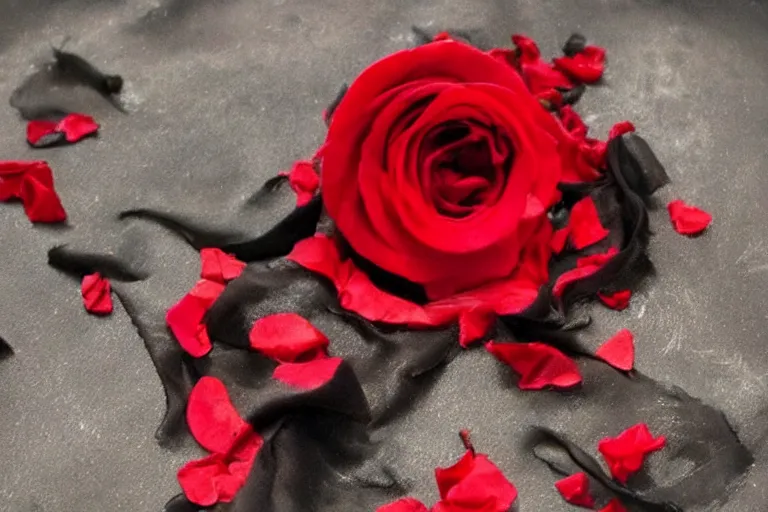 Image similar to a photo of black silk with red rose petals scattered around it, image apothecary, beautiful