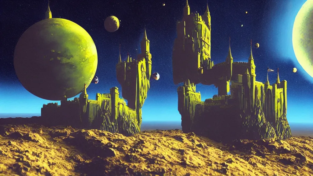 Image similar to a castle in outer space in the style of chris foss and rodger dean