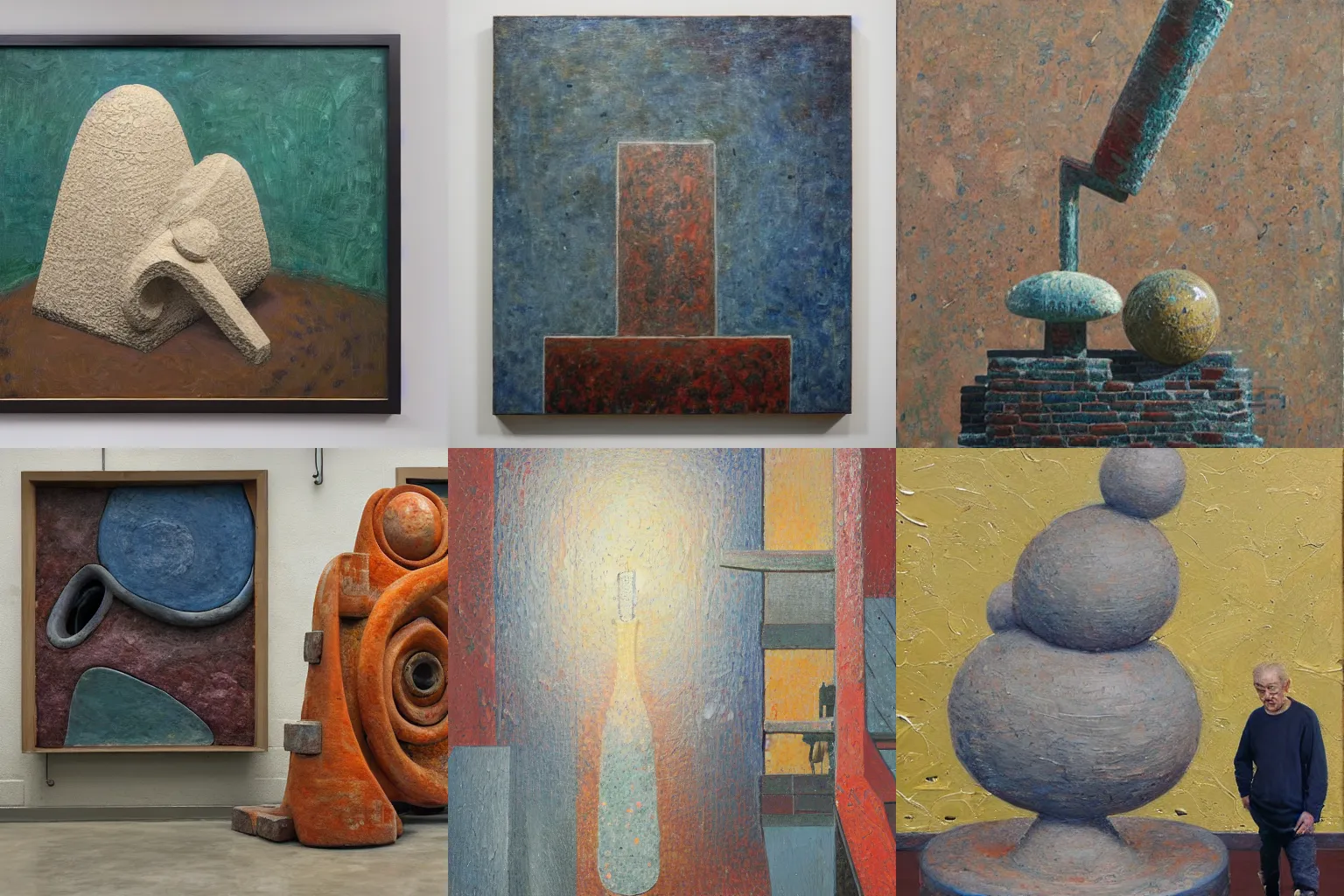 Prompt: a detailed, impasto painting by shaun tan and louise bourgeois of an abstract forgotten sculpture on a platform by ivan seal and the caretaker