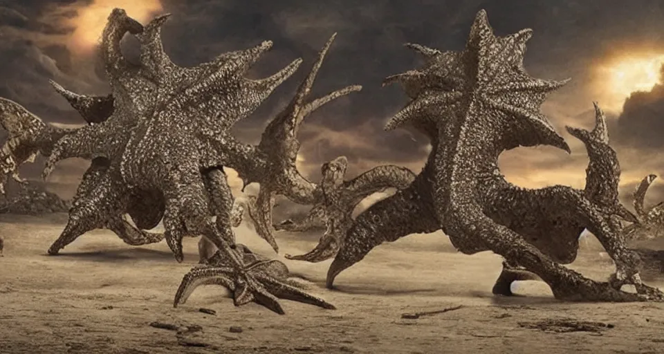 Prompt: a filmstill of the movie Pulgasari by Shin Sang-ok, a giant kaiju starfish monster destroying a goryeo dynasty palace