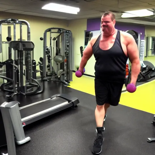 Prompt: McDonald's Grimace working out at the gym