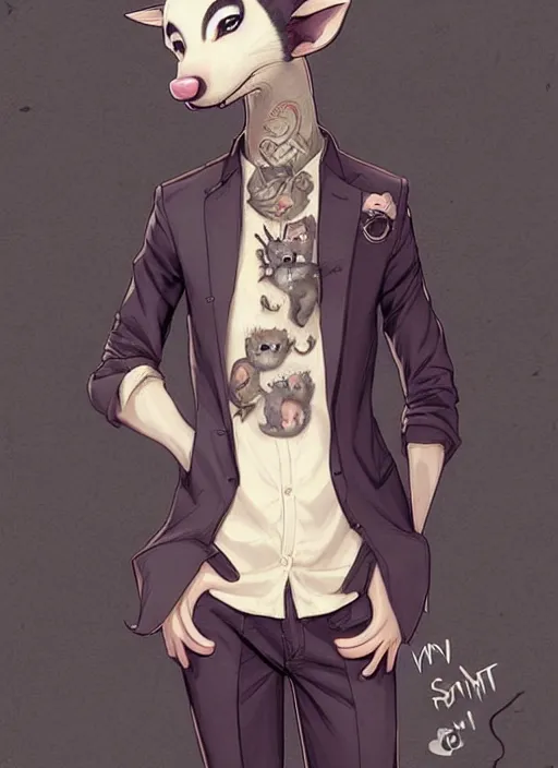 Image similar to character portrait of a male anthro opossum fursona with a tail and a cute beautiful attractive detailed furry face wearing a dress shirt and slacks outside a city tattoo parlor. Character design by charlie bowater, ross tran, artgerm, and makoto shinkai, detailed, inked, western comic book art