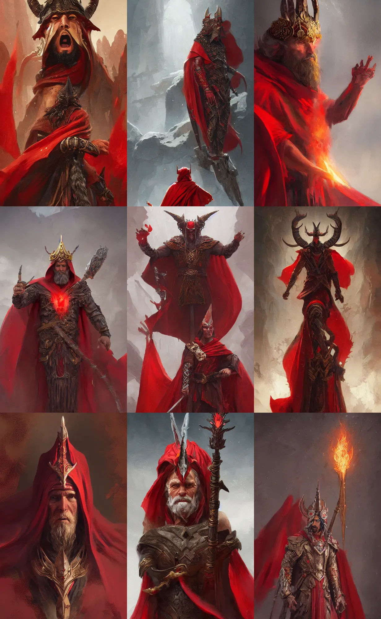 Prompt: ancient fire wizard with red cape and bronze horn headdress, highly detailed, digital painting, artstation, concept art, sharp focus, illustration, art by aleksi briclot and greg rutkowski and raphael lacoste and magali villeneuve