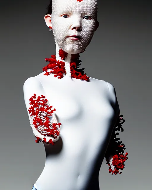Prompt: portrait of a woman wearing a white embroidered translucent silicone mask and white red frizzy hair buns, wearing a black bodysuit by alexander mcqueen, cream white background, soft diffused light, biotechnology, humanoide robot, bjork aesthetic, translucent, by rineke dijkstra, intricate details, highly detailed, masterpiece,
