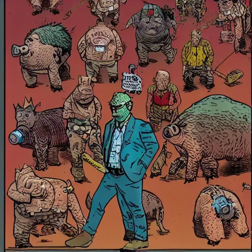 Prompt: king pig, style of Geof Darrow