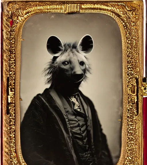 Image similar to professional studio photo portrait of anthro anthropomorphic spotted hyena head animal person fursona smug smiling wearing elaborate pompous royal king robes clothes degraded medium by Louis Daguerre daguerreotype tintype