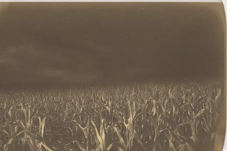 Prompt: dark old polaroid of an weird monster in an corn field, rain, pictorialism, desolate