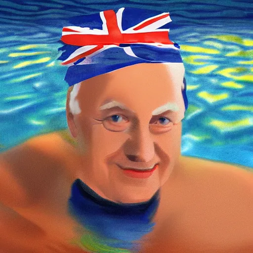 Image similar to the leader of the united kingdom swimming in a pool of beans digital painting art