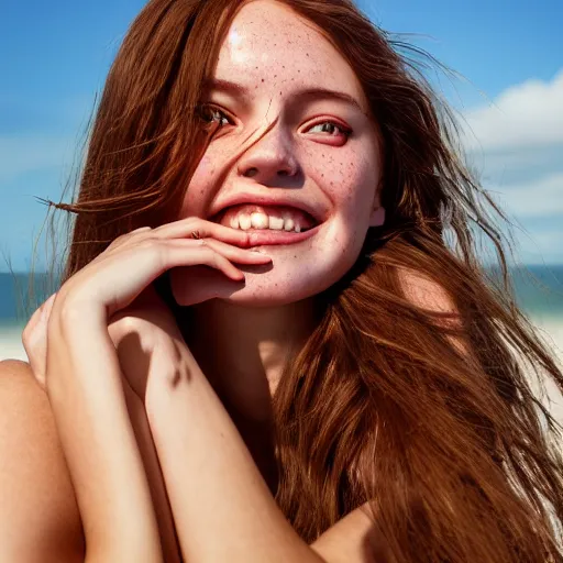 Image similar to portrait of a cute thin young woman, bronze brown hair, eye color is emerald green, red blush, cute freckles, smug smile, modern clothes, relaxing on the beach, golden hour, close up shot, 8 k, art by irakli nadar, hyperrealism, hyperdetailed, ultra realistic