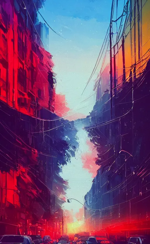 Image similar to a beautiful illustration of a street at sunset, art of alena aenami, featured on artstation, vertical orientation, paint brush strokes, expressionism, brushstroke - laden, breathtaking clouds, traffic lights, wet concrete, beauttiful stars, cables, long exposure, gigantic sun, airy theme, red purple gradient, lens flare