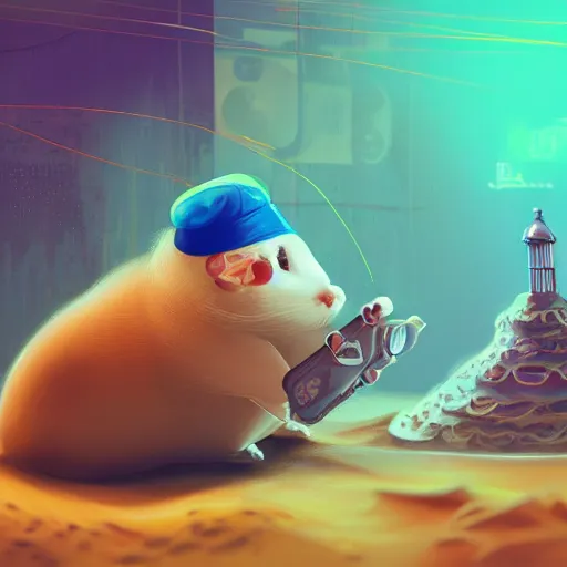 Image similar to a fat sand mouse with a kippah conducting a physics research, colorful digital art, cyberpunk, highly detailed, award winning, trending on artstation