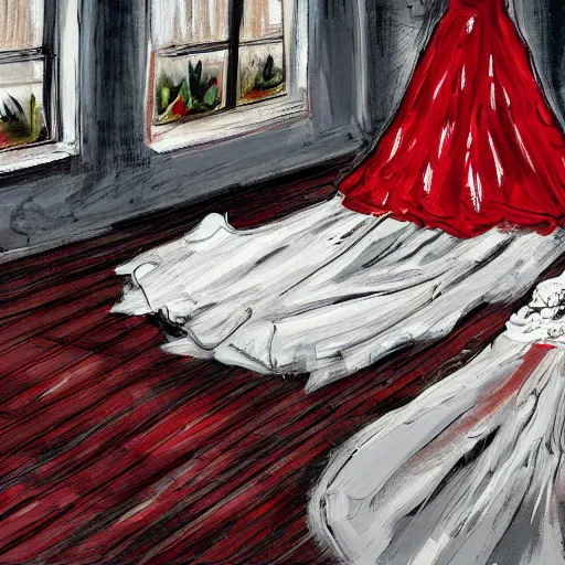 Image similar to a messy painting of a bedroom floor with a wedding dress discarded in a heap and a suit on the floor. Red, black and white Color scheme.