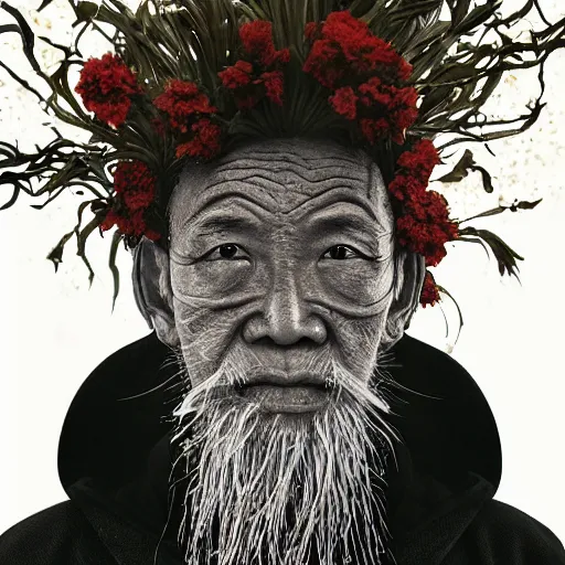 Image similar to full body shot of floating old asian man with long beard, his head covered in flowers, full face occult silver mask, glowing eyes, wearing a large carved wooden fractal stick, smoke around him, in the burning soil desert, cinematic shot, wide angle, desert background, volumetric lighting by Denis Villeneuve, Lubezki, Gaspar Noe Christopher Doyle and Alejandro Jodorowsky, anamorphic lens, anamorphic lens flares, kodakchrome, cinematic composition, practical effects, award winning photo, 8k