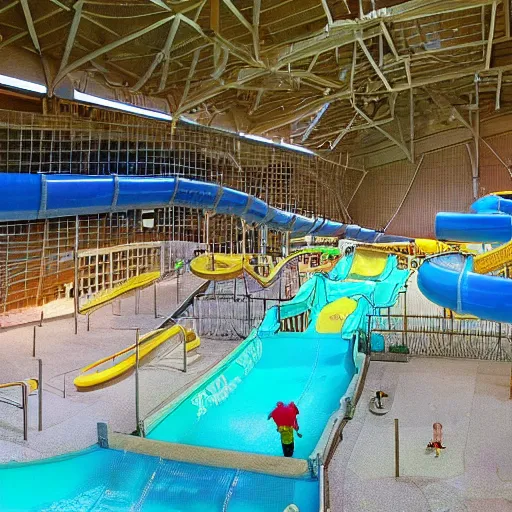 Prompt: empty indoor children's water park, water slides visible in the darkness, oddly familiar, nostalgic