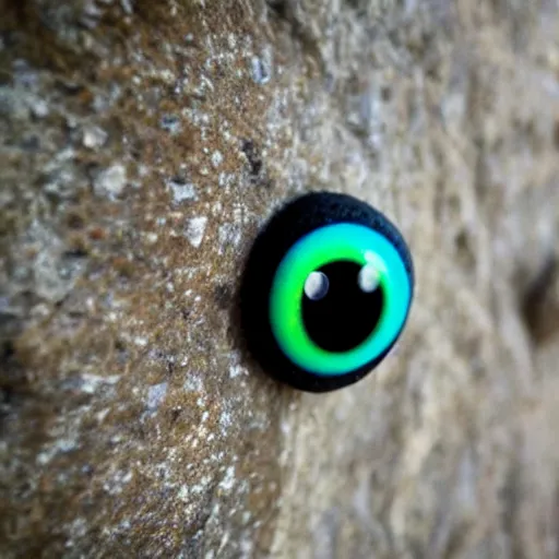 Prompt: a smooth stone that has googly eyes on a cliff with a blurry background.