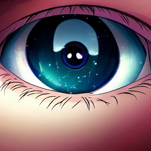 Image similar to a beautiful girl's eyes, vast stars are hidden in the eyes, 8 k, stunning, dream, highly detailed, super macro, surrealist, close - up view, makoto shinkai