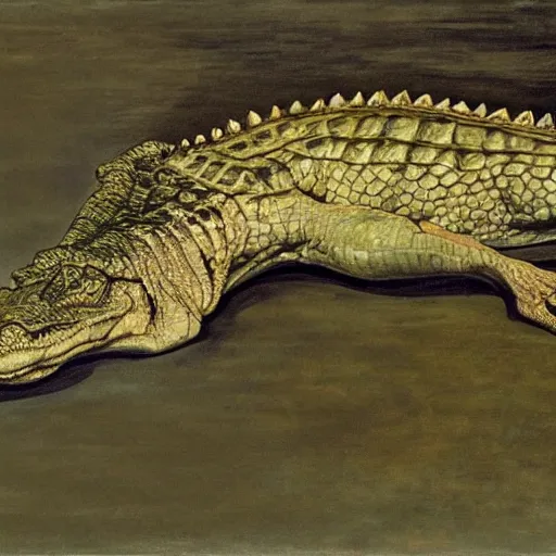 Image similar to crocodile, by francis bacon, by lucian Freud