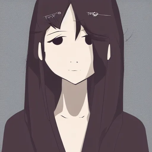 Image similar to portrait of a beautiful korean girl with very long hair and bangs, angular features, angry expression, wearing a black hoodie, in the style of studio trigger, extremely clean lines, anime and manga style, anime concept art