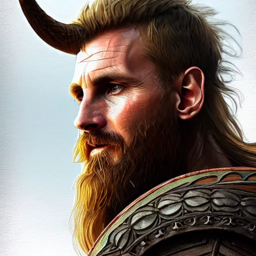 Image similar to Messi as a viking, closeup, D&D, fantasy, intricate, elegant, highly detailed, digital painting, artstation, concept art, matte, sharp focus, illustration, art by Artgerm and Greg Rutkowski and Alphonse Mucha