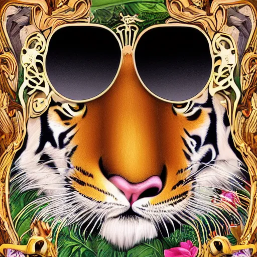 Prompt: a very elaborate elaborated huge standalone hyperrealistic photorealistic tiger wearing sunglasses, art nouveau rococo in the style of caravaggio. unexpected maximalist fabric elements hd 8 x matte background in vibrant dark pastel tones