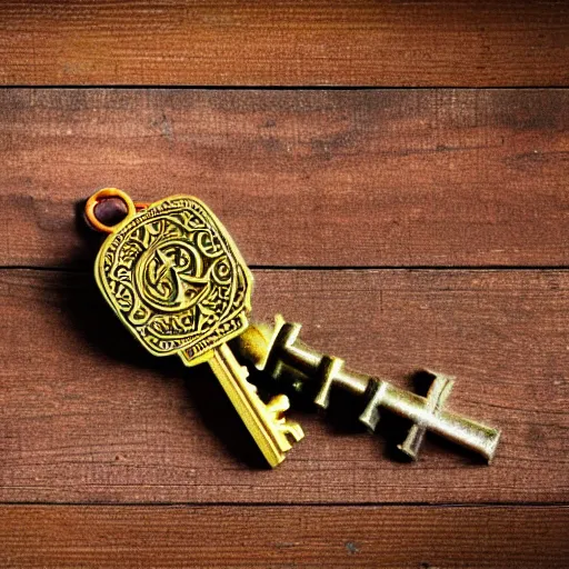 Image similar to a large ornate key with gems and engraved runes, on a rough wooden dungeon table, very little light, candlelit, d & d, underexposed macro photo