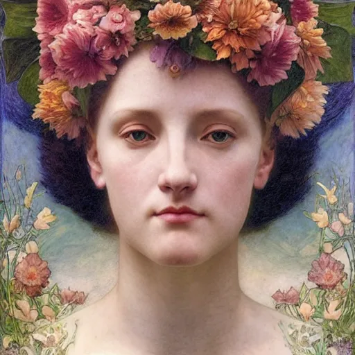 Image similar to queen of flowers, by annie swynnerton and charlie bowater and tino rodriguez and nicholas roerich and jean delville and evelyn de morgan and william - adolphe bouguereau, dramatic lighting, floral tattoos, rich colors, smooth sharp focus, extremely detailed, donato giancola, adolf wolfli