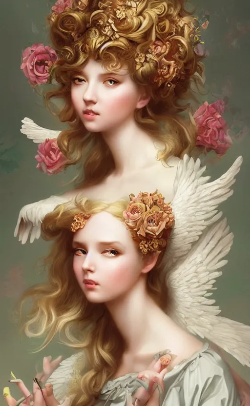 Image similar to pop surrealism, rococo, baroque hair, angelic young female seductive - fine - face, pretty face, key visual, realistic shaded perfect face, fine details by stanley artgerm lau, wlop, mark ryden, andrei riabovitchev, marc simonetti, and sakimichan, trending on artstation