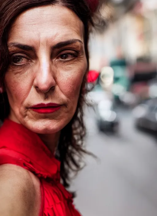 Image similar to close up portrait of beautiful 40-years-old Italian woman, wearing a red outfit, well-groomed model, candid street portrait in the style of Martin Schoeller award winning, Sony a7R