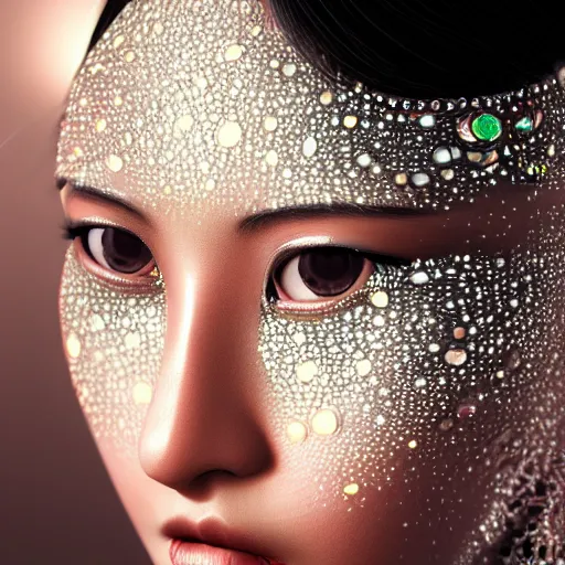 Image similar to asian woman closeup face portrait, face covered with chrome liquid stripes and glowing gems, highly detailed face, elegant pose, intricate, extremy detailed, cgsociety, unreal engine, octane render,, highly detailed 4 k art