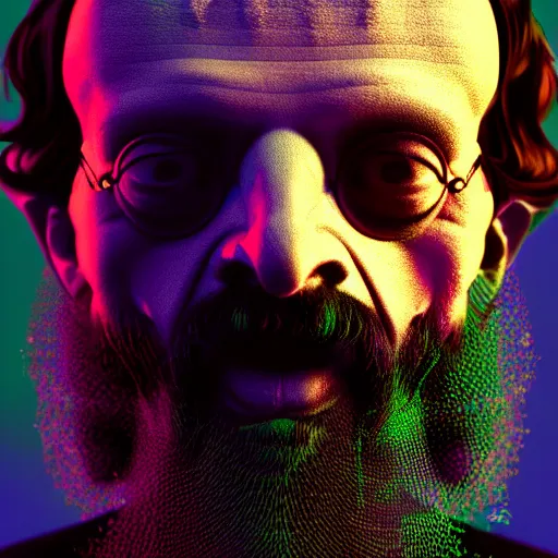 Image similar to terence McKenna full body with psychedelic mushrooms, psychedelic, fractal, Claymorphism, cinematic lighting, dramatic, octane render, full body, trending on artstation, perfect facial symmetry, bokeh, 8k, intricate, hyper detailed