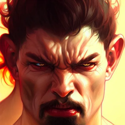 Prompt: face portrait of angry male demon, realistic, high qulity, 4 k, sharp fucos, tranding on art station, illustration, art by artgerm and greg rutkowski and alphonse mucha