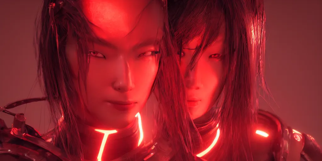 Image similar to portrait of samurai woman, red cyberpunk, red neon glow environment, by Eddie Mendoza, detailed, octane render, cryengine, unreal engine 5,