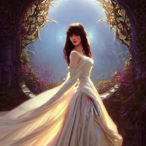 Image similar to a beautiful girl with dark hair and bangs, wearing a wedding dress, royal gardens background, fantasy, intricate, elegant, highly detailed, digital painting, artstation, concept art, matte, sharp focus, illustration, art by Artgerm and Greg Rutkowski and Alphonse Mucha