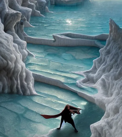 Image similar to close-up of a dragon hacking laptop on Pamukkale, thermal waters flowing down white travertine terraces, intricate, elegant, luxurious, digital painting, concept art, smooth, sharp focus, from Star Trek 2021, illustration, by WLOP and Ruan Jia and Mandy Jurgens and William-Adolphe Bouguereau, Artgerm