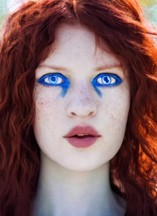 Image similar to close up portrait of a ( thin young redhead woman with russian descent, sunbathed skin, with ( intricate symmetrical deep blue eyes with ( round black pupils ) ) and ( wavy long maroon colored hair ) who looks directly at the camera with a ( slightly open mouth ) ). face takes up half of the photo. a park visible in the background. by luis royo.