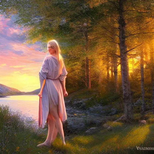 Prompt: blonde female jedi, Swedish countryside, landscape view, archipelago, freedom, dawn, sunrise, beautiful, by Vladimir Volegov, artstation