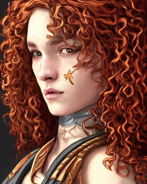 Prompt: Hyper realistic portrait of a strong female fighter with beautiful curly shiny copper hair and broad shoulders, she is from Troy and wears a golden armor, high contrast, artwork in the style of Alphones Mucha and Takumi Nagayasu and Dan Dos Santos, trending on artstation