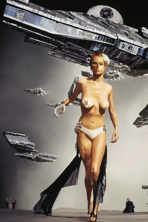 Image similar to a reptilian glamour model walking a catwalk on the edge of a tie fighter, photograph by david lachapelle