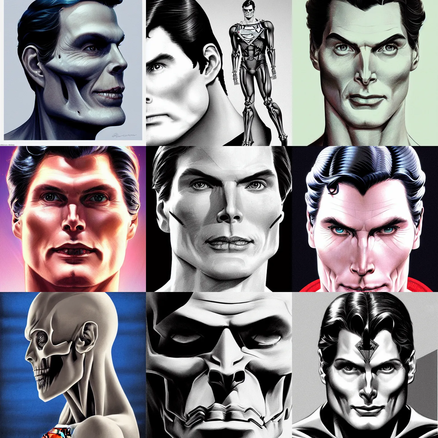 Prompt: Christopher reeve!!! side of the face is metal skeleton exposed skull another side is human skin , superman costume, realistic shaded perfect face, fine details. not anime. Realistic shaded lighting poster by Ilya Kuvshinov katsuhiro, magali villeneuve, artgerm, Jeremy Lipkin and Michael Garmash, Rob Rey and Kentarõ Miura style, trending on art station