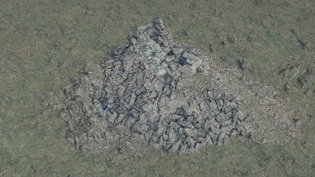 Image similar to Aerial view of a wizard tower surrounded by: 1 an ice cave to the west 2 a fire cave to the east 3 a emerald mine to the north and 4 a diamond mine to the south, lineart, colored